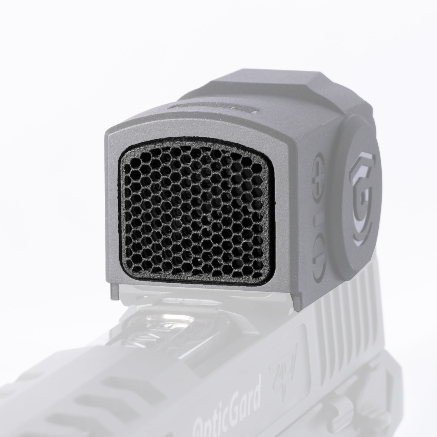 Black Optic Scope Cover with GlareGard Killflash Lens Installed for Aimpoint® ACRO P-2 - Close up
