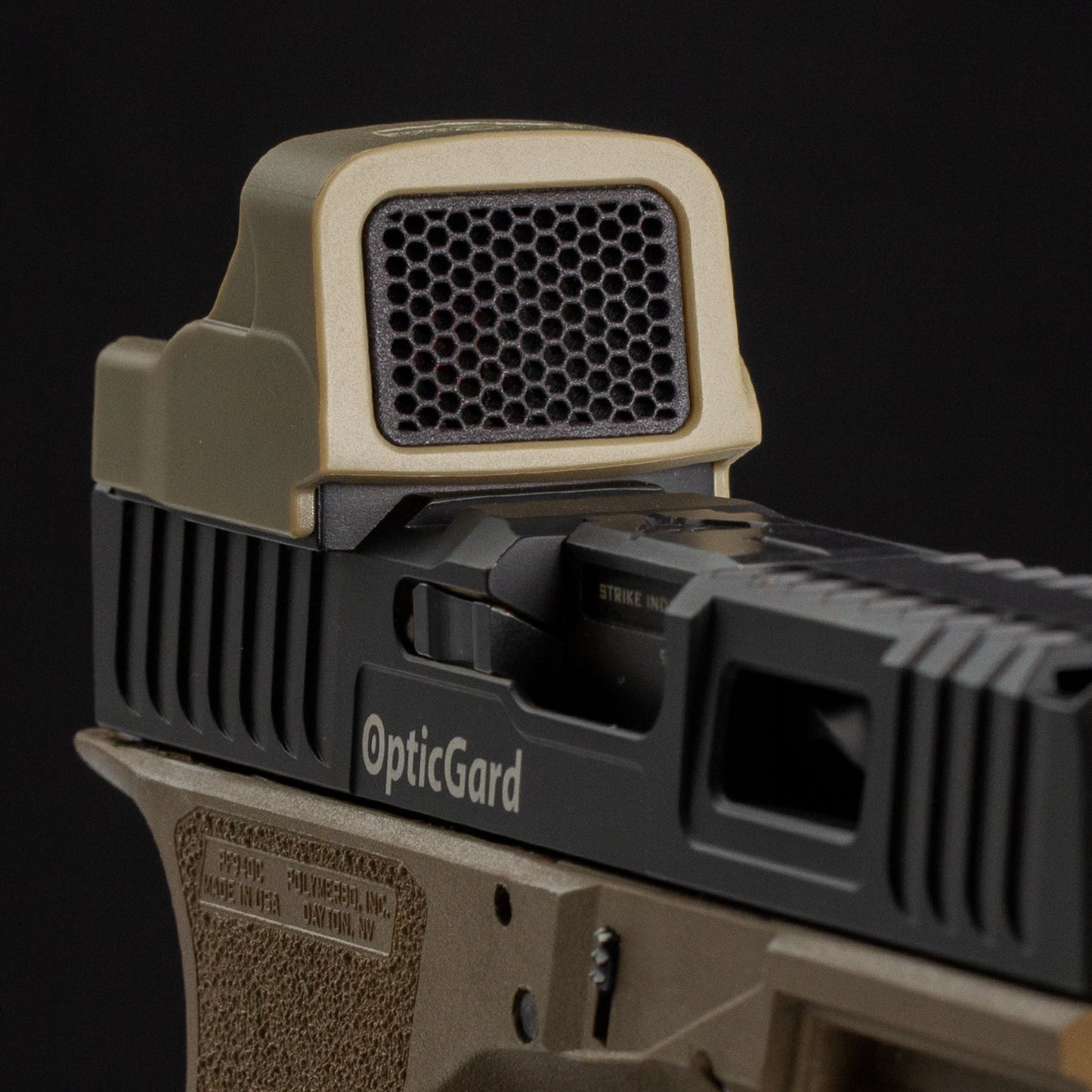 FDE Optic Scope Cover with GlareGard Killflash Lens Installed for Eotech® EFLX - Side Profile facing to the right