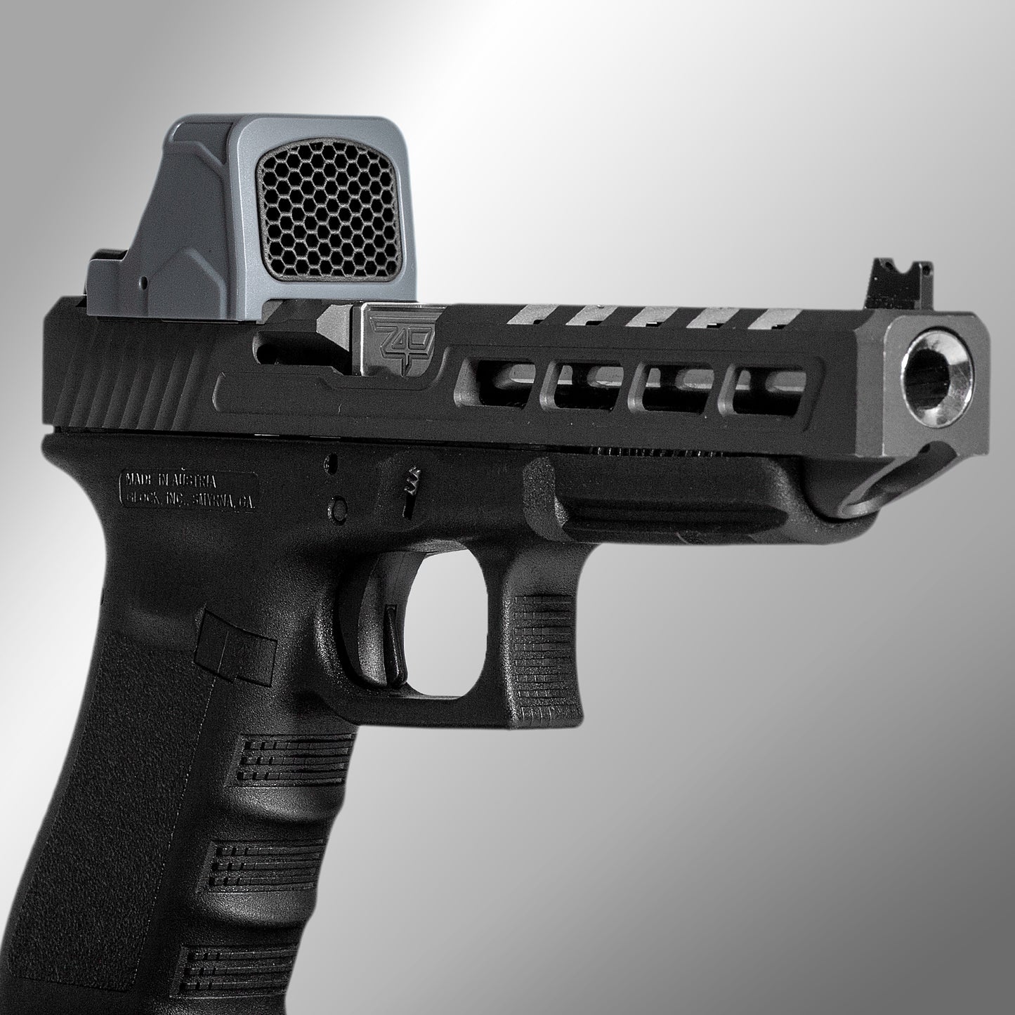 Gunmetal Gray Optic Scope Cover with GlareGard Killflash Lens Installed for Holosun® 507 Comp - 3/4 View pointing to the right