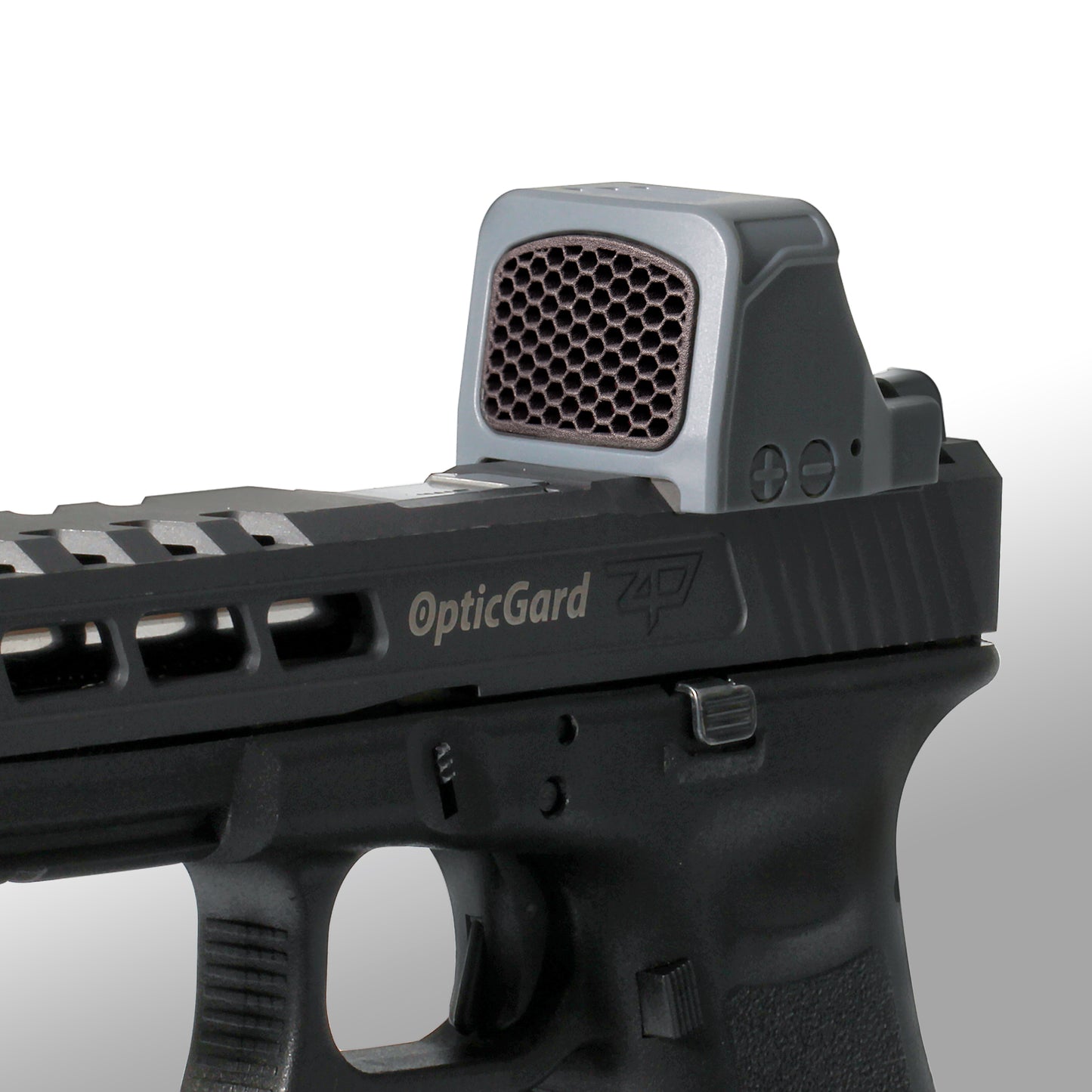 Gunmetal Gray Optic Scope Cover with GlareGard Killflash Lens Installed for Holosun® 507 Comp - 3/4 View to the left