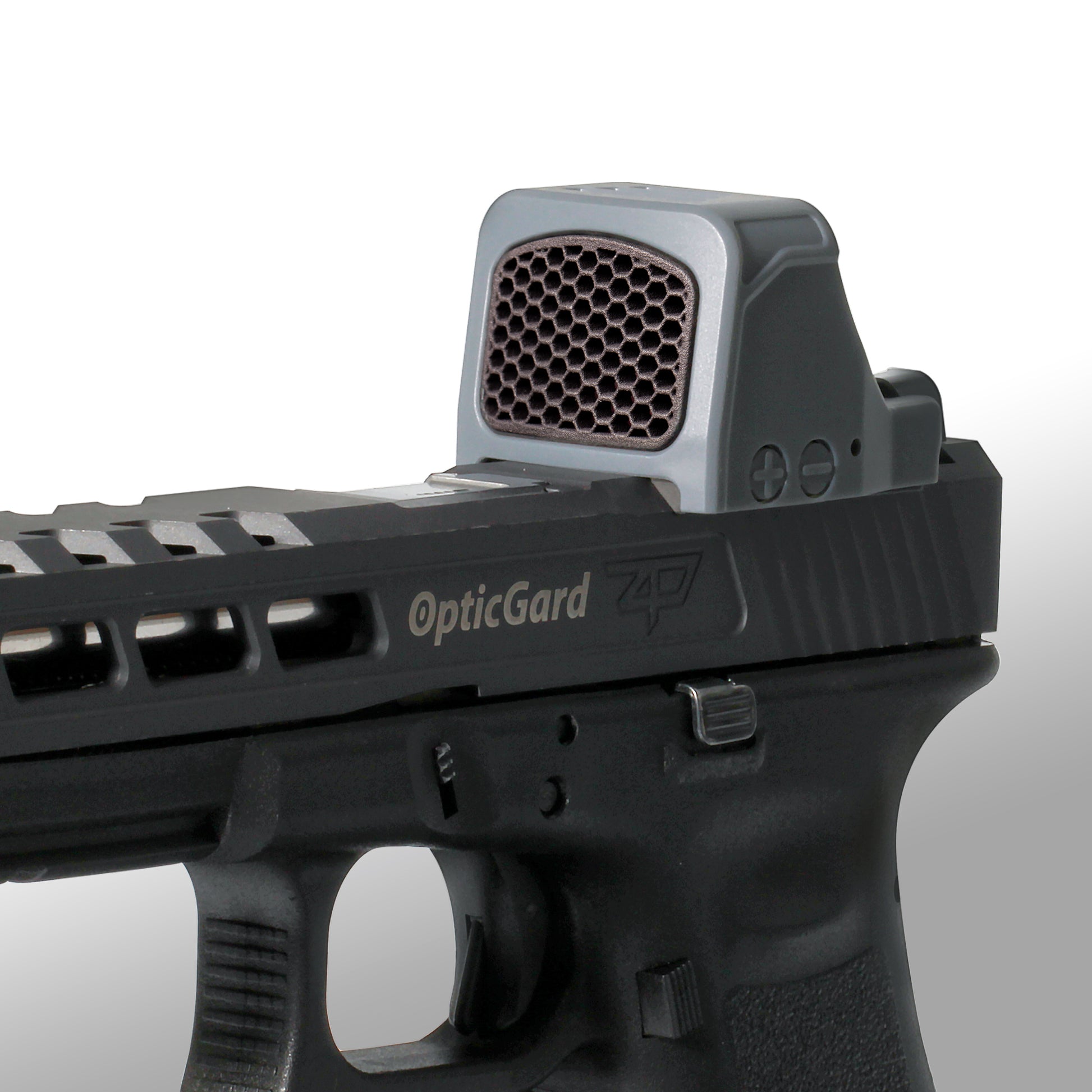 Gunmetal Gray Optic Scope Cover with GlareGard Killflash Lens Installed for Holosun® 507 Comp - 3/4 View to the left