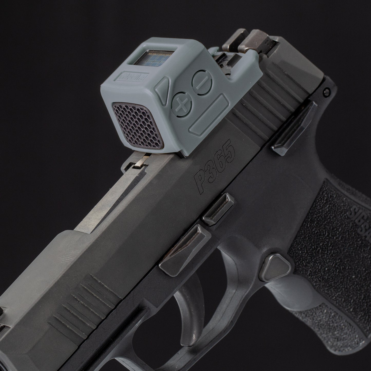 Gunmetal Gray Optic Scope Cover with GlareGard Killflash Lens Installed for Holosun® EPS Carry - Pointing Down to the Left