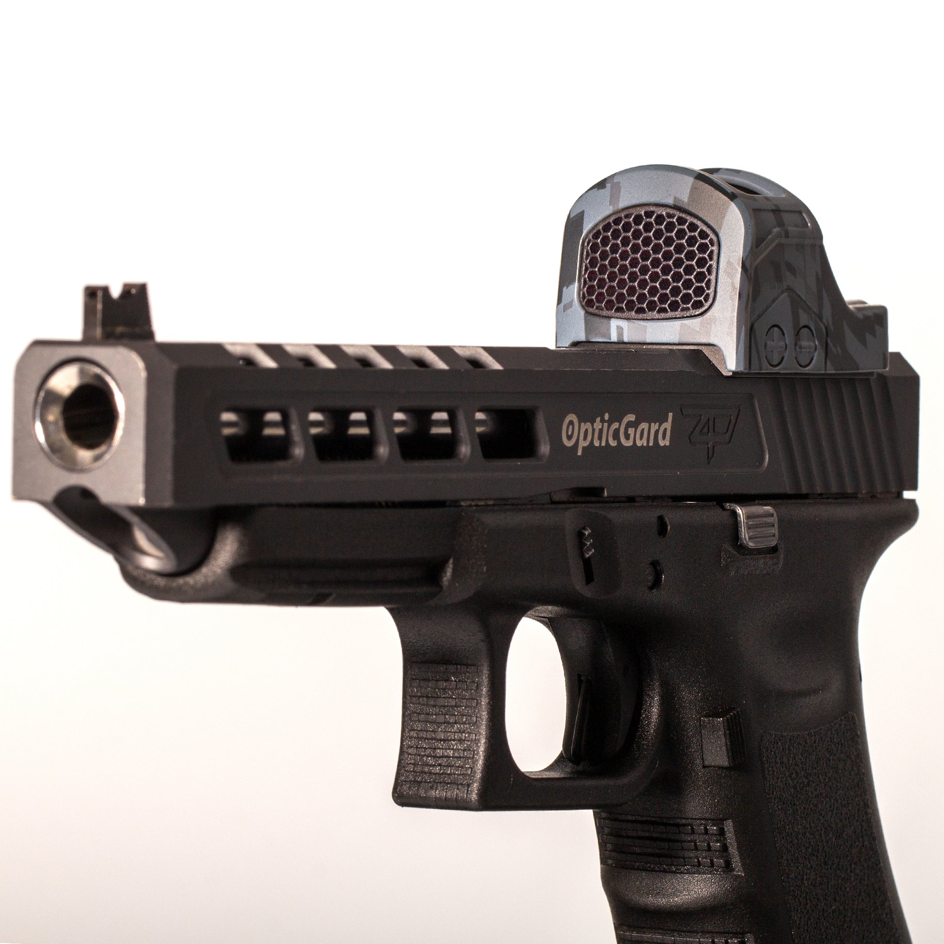Gunmetal Gray Camo Optic Scope Cover with GlareGard Killflash Lens Installed for Holosun® 507C - 3/7 View to the left