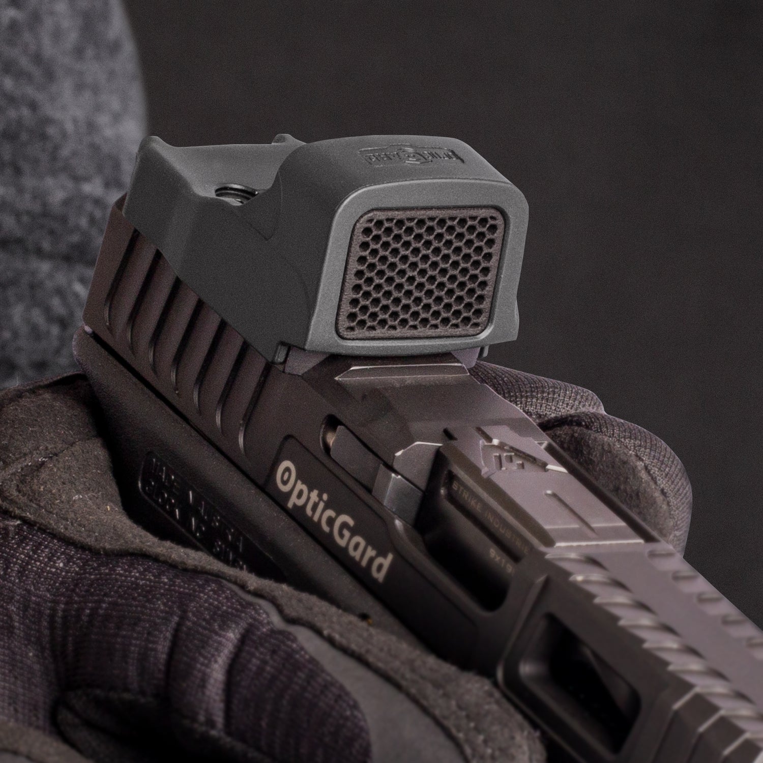 Black Optic Scope Cover with GlareGard Killflash Lens Installed for Eotech® EFLX - Facing slightly to the right Zoomed in